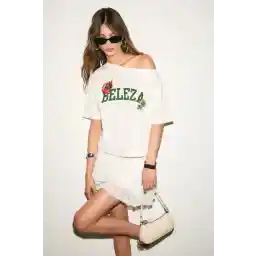 GRIMELANGE QALY Kadın Kayık Yaka Tek Omuz Kısa Kol Ön Ve Arka Baskı Detaylı Relaxed Ekru T-Shirt