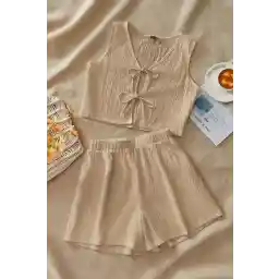 Know Kadın Bej Fitilli Şortlu Bağlamalı Takım