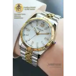 Lee Cooper ساعة يد نسائية أصلية ذات مينا فسفوري أصفر أبيض وحزام فضي ذهبي