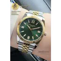 Lee Cooper ساعة يد نسائية أصلية ذات مينا أخضر ومضيء باللون الأصفر والأبيض وحزام فضي وذهبي