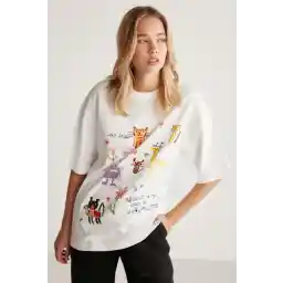 GRIMELANGE Mıllıe Kadın %100 Organik Pamuklu Oversize Kalıp Bol Kesim Baskı Ve Nakış Detaylı Beyaz T-shirt