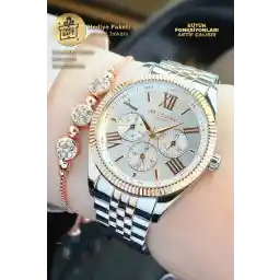 Lee Cooper ساعة يد نسائية أصلية من Lee Cooper Functions باللون الذهبي الوردي والأبيض والفضي من الفولاذ مع تقويم نشط