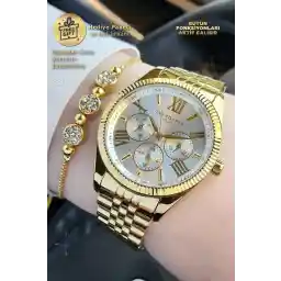 Lee Cooper ساعة يد نسائية أصلية من Lee Cooper Functions باللون الذهبي والأصفر الفولاذي مع تقويم نشط