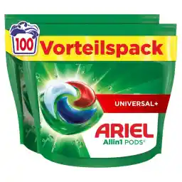 Ariel Universal+ Laundry Detergent Pods, All-in-1, Liquid Detergent Capsules, 100 Washes, Powerful Stain Removal from the First Wash