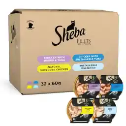 Sheba Cat Food Flavor Selection Filets, Domes Natural Shredded Chicken, Chicken with Shrimp & Tuna, Sustainable Tuna, White Fish, Premium Wet Food, Pack of 2 x4 (4x60g)