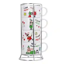 Bialetti - 4'lü İstiflenebilir Cappuccino Fincan Seti - Karma Renkli - Porselen