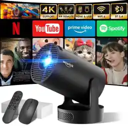 Mini Projector Supports 4K 1080P, Portable Projector with WiFi 6 and Bluetooth 5.4, Small Projector Car Keystone 180° Rotation, Compatible with HDMI/TV Stick/Memory Stick/Laptop, Black