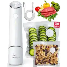 Chef Preserve Compact Vacuum Sealer for Food (Vacuum Sealer Machine + 30 Reusable Vacuum Bags) Powerful Handheld Vacuum Sealer Machine, Seal Meal Saver, Portable Food Sealer
